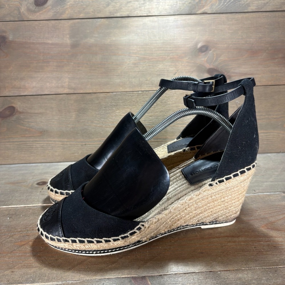 Tory Burch Womens size 8.5 shoes Black Leather Canvas Espadrille wedge sandals